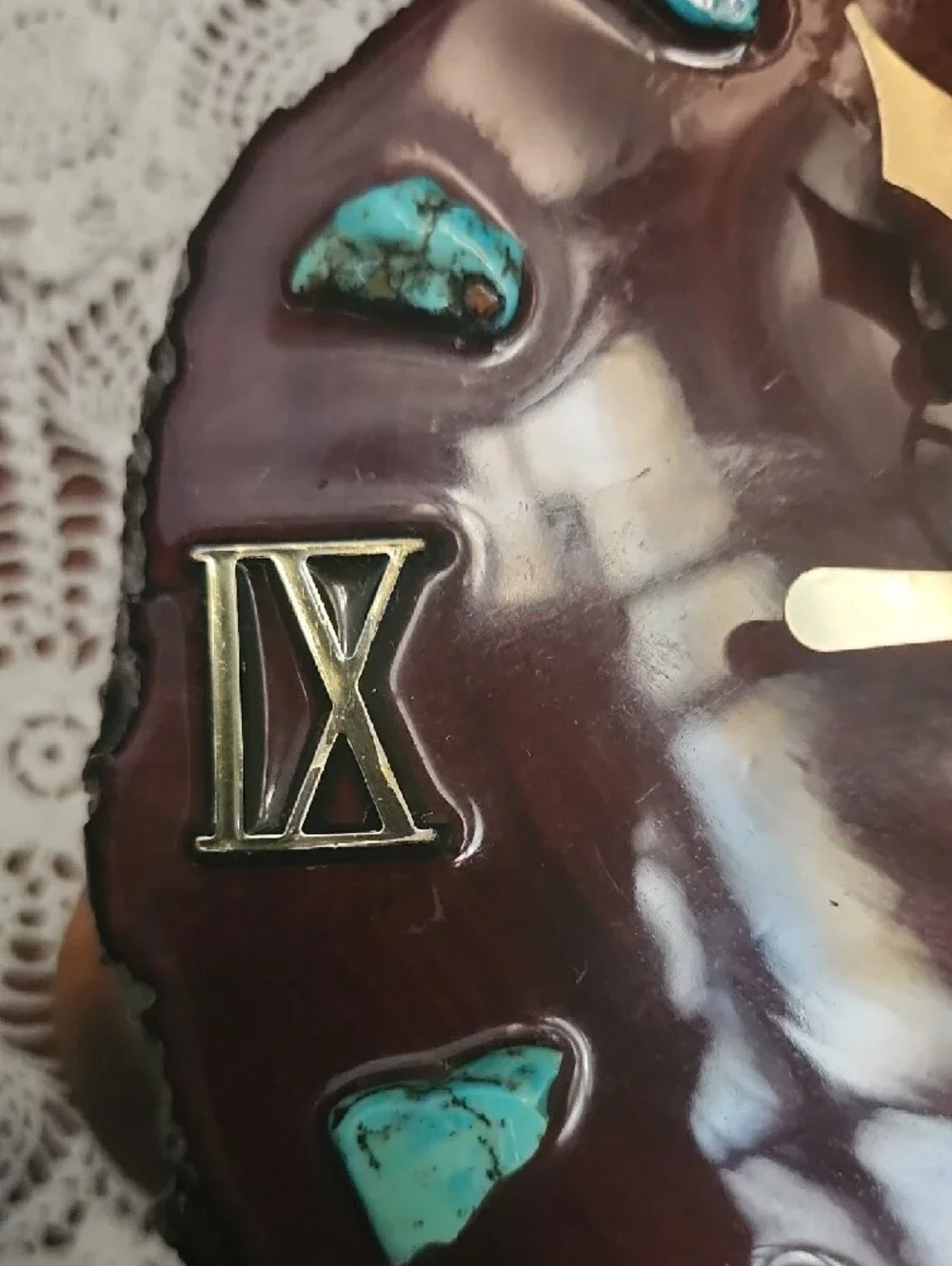 Handcrafted Brown Wood Wall Clock with Turquoise Accents